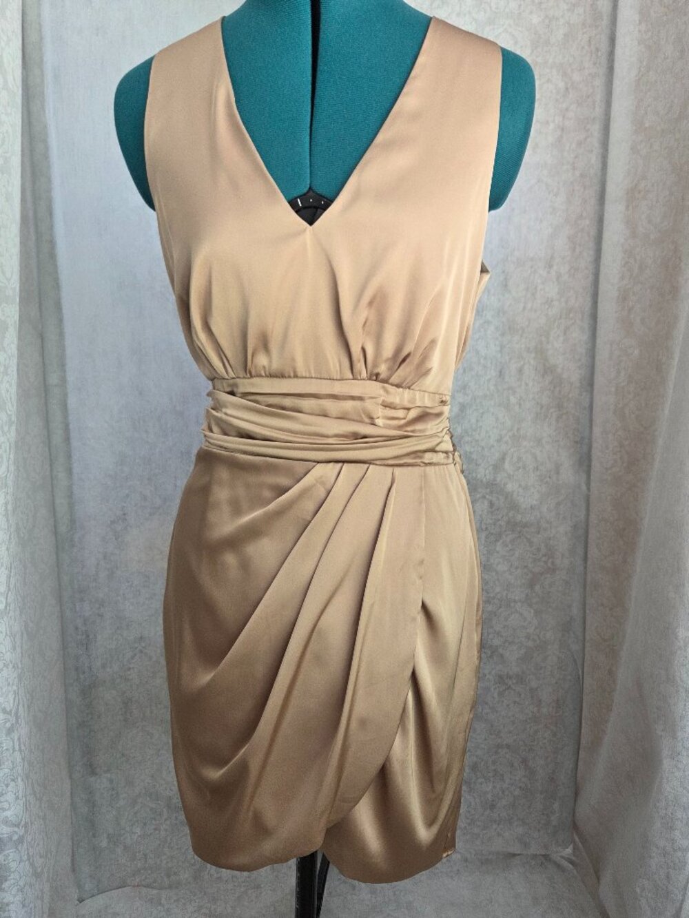 Sleeveless formal wrap cocktail dress.